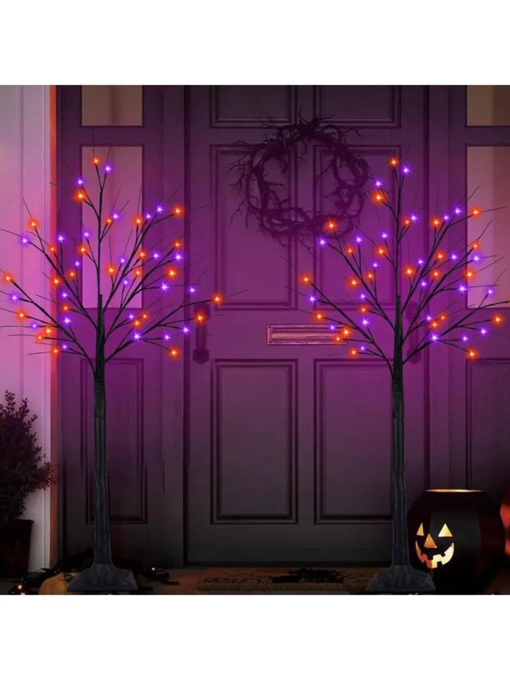 2 Pack 4FT Black Halloween Tree with 100 LED Orange & Purple Lights - Spooky